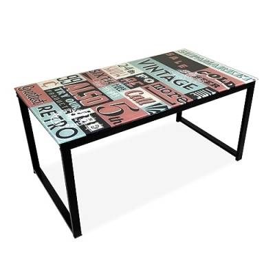 Homey Bedruckter Couchtisch aus Glas mit Metallbeinen, Modell, Wohnzimmer oder Esszimmer, Hartglas Aluminium, Vintage-Aufdruck, 90 cm (Ancho) x 50 cm (Fondo) x 43 cm (Alto) von Homey