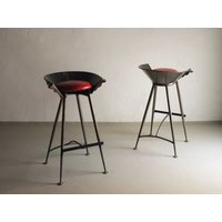 2 Metall Barstühle | Stahl Roter Sitz Brutalist Vintage von HouseOfVintFurniture
