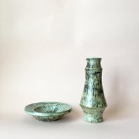 2 Vintage Awf Keramik Vase Und Schüssel/Arnold Wiigs Fabrikker/Norwegen/Kobalt Blau Grün Beige Grau von HouseOfVintFurniture