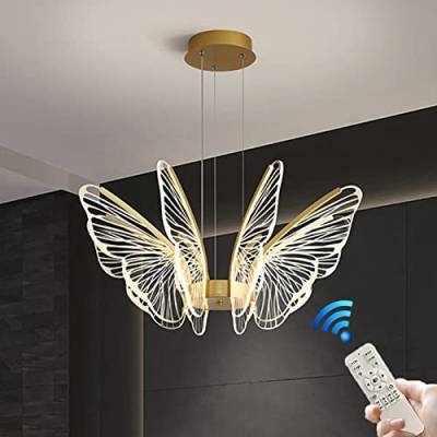 Pendelleuchte, Schmetterlings-Design, 6-flammige LED-Wohnzimmerleuchte, dimmbare LED-Deckenleuchte zur halbbündigen Montage mit Fernbedienung, höhenverstellbare Pendelleuchten mit Acryl, Kronleucht von HvKvHvY