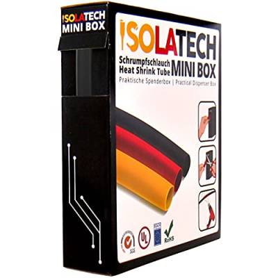 ISOLATECH Schrumpfschlauch 3:1 Mini Box ohne Kleber schwarz Ø9mm 5 Meter UV beständig Meterware unbeschriftet Rolle in praktischer Spenderbox von ISOLATECH