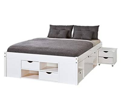 Funktionsbett | Stauraumbett | Bett mit Schubladen | Kiefer massivholz| Farbe Weiß lackiert |Für Erwachsene, Kinder, Jungendliche | Doppelbett | Bett mit Rost | Till Bett 140 x 200 cm von Inter Link