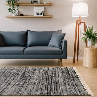 Interiyou Toledo Teppich aus Baumwolle - 120x170 cm Schwarz - Handgewebter Teppich mit Fransen für Wohnzimmer, Schlafzimmer, Kinderzimmer, Esszimmer, Küche oder Flur von Interiyou