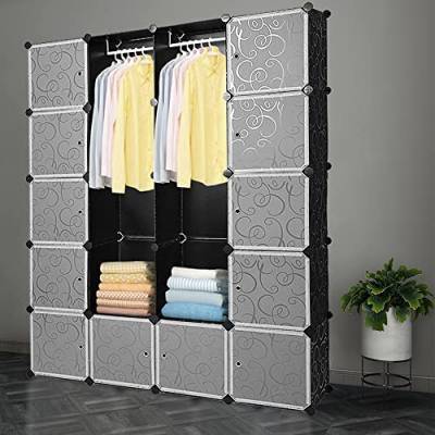 Izrielar Kleiderschrank mit Regalsystem 20 Würfel, DIY Modulares Kleiderschranksystem mit Türen, Platzsparendes, Erweiterbares Schrankregalsystem, 180 x 142 x 37 cm, Schwarz von Izrielar