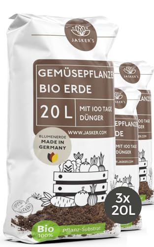Bio Gemüseerde & Hochbeeterde für Gemüse 60 L (3x20L) - Bio Erde für Gemüsepflanzen mit 50% weniger Torf - Pflanzenerde mit organischem Dünger - Universalerde - Pflanzerde Gemüse von JASKER'S