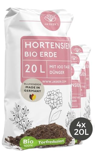 Bio Hortensienerde 80 L (4x20L) - Blumenerde für Hortensien aus 40% weniger Torf - Pflanzerde für weiße & rosafarbige Hortensien - Erde für Hortensien mit Dünger - Erde für Pflanzen von JASKER'S