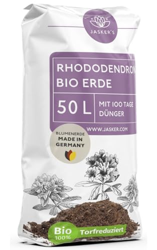 Bio Rhododendronerde 50 L - Saure Erde mit 20% weniger Torf für Moorbeetpflanzen - Erde für Pflanzen mit Dünger - Saure Blumenerde - Pflanzenerde mit saurem PH-Wert von JASKER'S