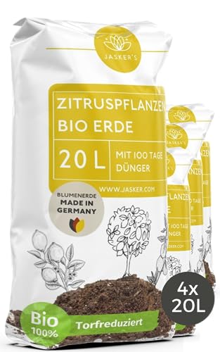 Bio Zitruserde 80 L (4x20L) mit Dünger - Mediterrane Pflanzenerde - 100% natürliche Rohstoffe - torfreduzierte Blumenerde & optimale Nährstoffversorgung für leckere Zitronen - Zitruspflanzenerde von JASKER'S