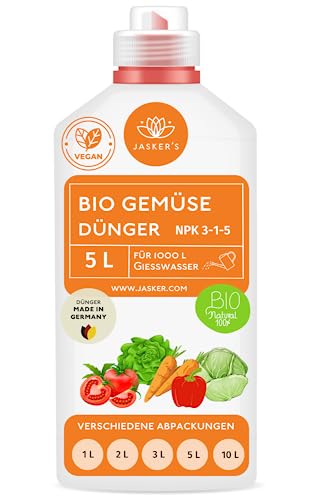 Bio Gemüsedünger flüssig 5 Liter Konzentrat für 1000 Liter Gießwasser - 100% organischer Dünger Gemüse - Flüssigdünger Gemüse für Gewächshaus & Kübel - Bio Dünger Gemüse von JASKER'S