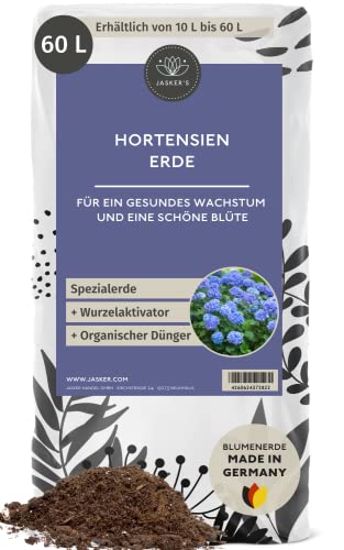 Hortensienerde Blau 60 L | Perfekte Blumenerde Für Blaue Und Lilafarbene Hortensien | Pflanzenerde mit Wurzelaktivator & Dünger | Nährstoffreich & In Deutschland Abgefüllt von JASKER'S