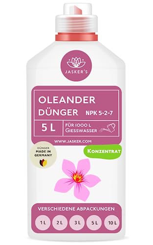 Oleander Dünger flüssig 5 Liter - Konzentrat Dünger Oleander - Mediterraner Pflanzendünger für 1000 Liter Gießwasser - 100% Schnelldünger - Dünger für Oleander - Oleanderdünger von JASKER'S