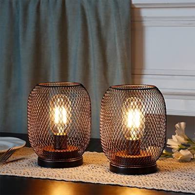 JHY DESIGN ‎Gold Schwarz Tischlampe Batteriebetrieben Set 2 Metall Nachttischlampe mit LED Vintage Glühbirne Batterie Tischleuchte für Schlafzimmer Wohnzimmer Hochzeit Party Innen Außen(Runde Form) von JHY DESIGN