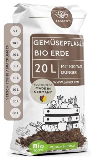 Bio Gemüseerde & Hochbeeterde für Gemüse 20 L - Bio Erde für Gemüsepflanzen mit 50% weniger Torf - Pflanzenerde mit organischem Dünger - Universalerde - Pflanzerde Gemüse von JASKER'S
