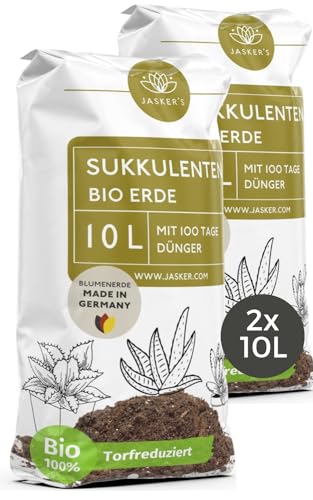 Sukkulentenerde 20 L (2x10L) - Sukkulenten Erde mit Dünger - Um 40% torfreduziert - Erde Sukkulenten - Sukkulenten+Erde - Sukkulenten Substrat - Auch als Kakteenerde und Kaktuserde geeignet von JASKER'S