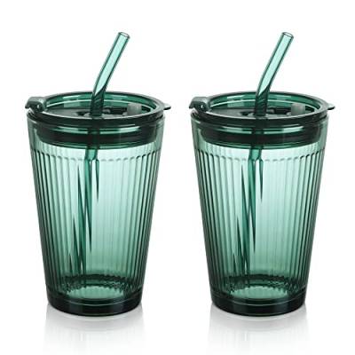 Joeyan 450ml Grün Trinkbecher mit Deckel und Strohhalm Glas - 2er Set Glas Smoothie Becher mit Strohhalm - Kaffeebecher mit Trinkhalm für Saft, Kaffee, Wasser, Tee von Joeyan