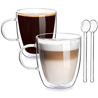 Joeyan Doppelwandige Gläser 2er Set - 400ml Thermoglas mit Henkel - Borosilikatglas Kaffeeglas mit Glaslöffel für Latte, Cappuccino, Milch, Tee, Saft,Eis von Joeyan