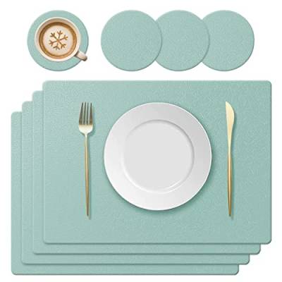 KERYCHIN 4 Platzset aus Silikon + 4 Rund Untersetzer Set, mit rutschfest Blattmuster, Hitzebeständig 230°C, Abwaschbar Tischset für Küche, Zuhause, Restaurant, Speisetisch, 40x30cm, Hellgrün von KERYCHIN