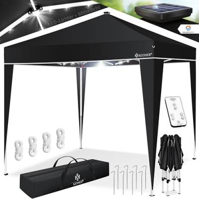 KESSER® Pavillon Faltpavillon 3x3m mit LED Beleuchtung Solar Fernbedienung | Gartenzelt Höhenverstellbar & Wasserdicht + Tasche Bodenanker | Pop-Up Klicksystem UV-Schutz 50+ Partyzelt, Farbe:Schwarz von KESSER