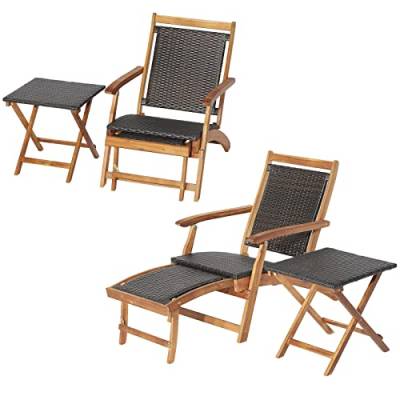 KOMFOTTEU Klappstuhl mit Liegefuntion, Rattan Liegestuhl mit Klapptisch, versenkbarer Gartentuhl mit Beistelltisch, Gartenliege klappbar aus Holzrahme für Garten Terrasse Balkon von KOMFOTTEU