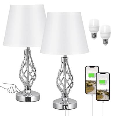 Kakanuo Nachttischlampe Touch Dimmbar 2er Set, Tischlampe mit USB A+Typ-C-Anschlüsse 2 Dimmbare LED-Glühbirnen, Weiß Lampenschirm Metallfuß, Nachtischlampen für Schlafzimmer Wohnzimmer Büro Hotel von Kakanuo