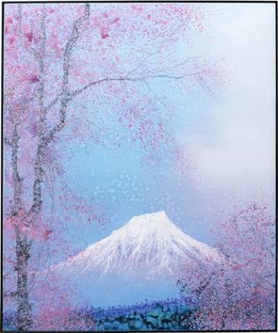 Kare Design Bild mit Rahmen Fuji Blau/Rosa, Massivholz Rahmen, handgemalte Details, Baumwollleinwand, Japan Flair, Kirschblüten, Wandbild, 120x100x5cm von Kare