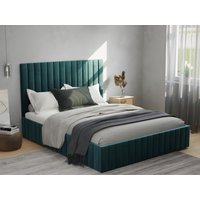 Bett mit Bettkasten + Matratze - 160 x 200 cm - Bett-Kopfteil mit vertikalen Ziernähten - Samt - Blau - LARALI von PASCAL MORABITO