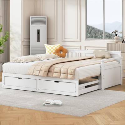 Kayan Multifunktionales Zwei-in-Eins-Tagesbett mit Kiefernbett, Schubladen und Ausziehbett (Weiß) von Kayan