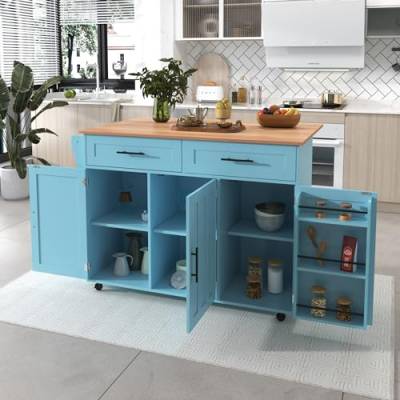 KecDuey Küchenwagen,Kücheninsel auf Rollen mit klappbarer Arbeitsplatte,129 x 76 x 91,5 cm großer Speisewagen Sideboard, Arbeitsplatte mit Massivholzmaserung,Aufbewahrungstür-Design (Blau) von KecDuey