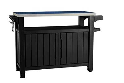 Keter Unity XL BBQ Beistelltisch, Abmessungen 134x51.7x89.6cm, grau, wetterfest, Arbeitsplatte aus Edelstahl, Outdoor Sideboard, perfekt für das Grillen im Frühling von Keter