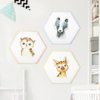 3-teiliges Hexagon-Alu-Dibond Bild Aquarell Waldtiere Set II von Klebefieber