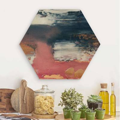 Hexagon-Holzbild Rosa Sturm mit Gold von Klebefieber