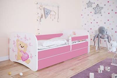 Bjird Kinderbett Jugendbett 70x140 80x160 80x180 Rosa mit Rausfallschutz Schublade und Lattenrost Kinderbetten für Mädchen - Teddybär mit Schmetterlingen 140 cm von Bjird