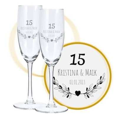 LALALO Sektglas mit Gravur 15. Hochzeitstag (2 St.), Kristall-Hochzeit Sektgläser Geschenk personalisiert/graviert, Jahrestag (Herzfunken) von LALALO