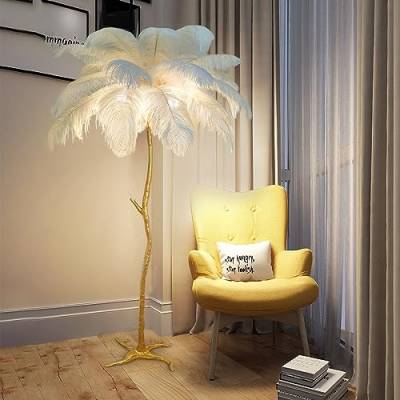 Federlampe Stehlampe Wohnzimmer,Feder Lampe mit Fußschalter,35 Stück Federn,170cm Straußenfeder Stehlampen aus Kunstharz,Standlampe Modern LED Stehlampe Dimmbar Gold Standleuchte Wohn/Schlafzimmer von LDIEUWUET