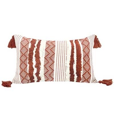 LIGICKY Boho Kissenbezug Büschelige Dekorative Kissenbezüge Getuftet Weich Kissenhülle mit Quaste Baumwolle Kissen Boho für Sofa Couch Schlafzimmer Wohnzimmer Büro Auto, 30 x 50 cm, Rot und Weiß von LIGICKY