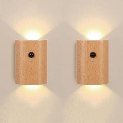 Holz Akku Wandleuchte mit Bewegungsmelder Innen LED Kabellose Wandlampe USB Aufladbar Wand Nachtlicht Up Down Sensor Wandbeleuchtung 3000K Warmeslicht Magnetische Flurlampe Treppenlampe,2 Stück,A von LOGT