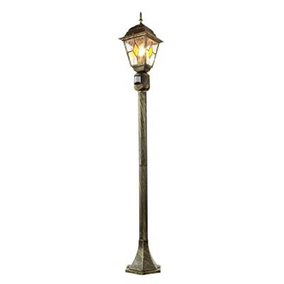 Licht-Erlebnisse Wegeleuchte mit Bewegungsmelder Aluminium Glas in Gold Antik IP44 Garten Weg 112 cm hoch E27 Tiffany Laterne Stehlampe SALZBURG von Licht-Erlebnisse