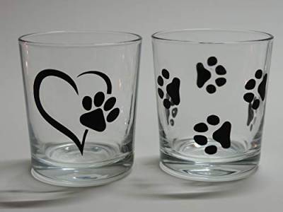 Lichtidee 2er Set Teelicht Glas Windlicht Tischlicht Print mit Pfoten und Herz mit Pfote Handmade Unikat Ostern Muttertaggeschenk, Höhe 8cm, von Lichtidee