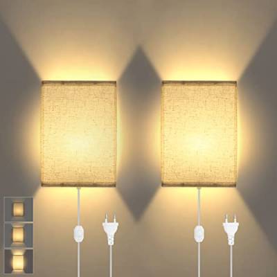 Lightess 2Pcs Wandleuchte Innen Dimmbar, Plug in Wandleuchte mit Schalter, Beige Stoffschirm, Modern Wandlampe Up und Down für Schlafzimmer Wohnzimmer Hotel Nachttischlampe (Ohne Glühbirnen) von Lightess