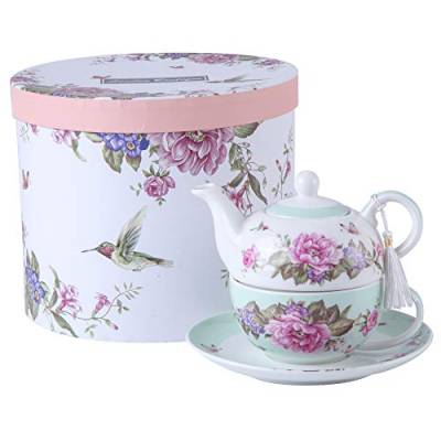 London Boutique Tea for one Teekanne Tasse Suacer Set Shaby Chic Flora Vogel Rose Schmetterling Porzellan Geschenkbox (Blaugrün) von London Boutique