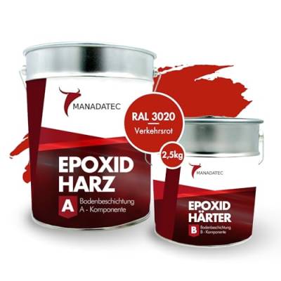 2K Epoxidharz farbig Bodenbeschichtung Epoxy Fußbodenfarbe Betonfarbe Garage Werkstatt Keller Industrie Estrichfarbe (2,5kg, RAL 3020 Verkehrsrot) von MANADATEC