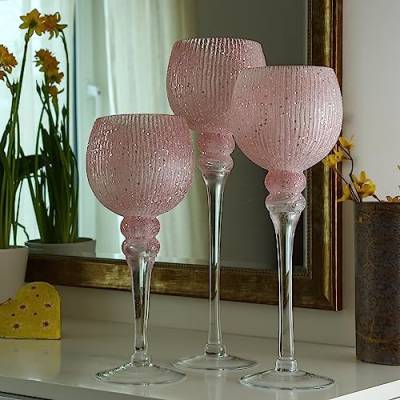 Kerzenhalter Kelch Florenz - Windlicht - Glas - H: 30,5cm, 34,5cm, 40cm - glitzernd - rosa - 3er Set von MARELIDA