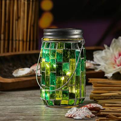 MARELIDA LED Solar Glas - Einmachglas mit Mosaiksteinchen - mit Henkel - H: 13,5cm - Windlicht mit Lichtsensor - Solarlicht (grün) von MARELIDA