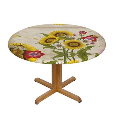 MARXAN Tischdecke mit Bienen, Sonnenblumen, Gänseblümchen, Rosen, elastischer Rand, runde Tischdecke für Esstisch, Terrasse, Partys (für 101,6–127 cm Tisch) von MARXAN