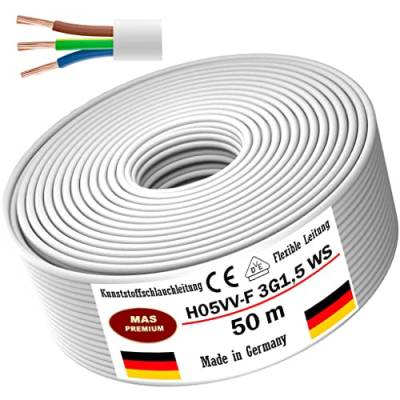 Von 5 bis 100m Kunststoffschlauchleitung H05VV-F 3G0,75; 3G1; 3G1,5 oder 3G2,5 Weiß Flexible Leitung Kabel Leitung Gerätekabel (H05VV-F 3G1,5 WS, 50m) von MAS Premium