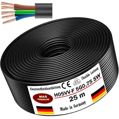 Von 5 bis 100m Kunststoffschlauchleitung H05VV-F 5G0,75; 5G1; 5G1,5 oder 5G2,5 Schwarz Flexible Leitung Kabel Leitung Gerätekabel (H05VV-F 5G0,75 SW, 25m) von MAS Premium