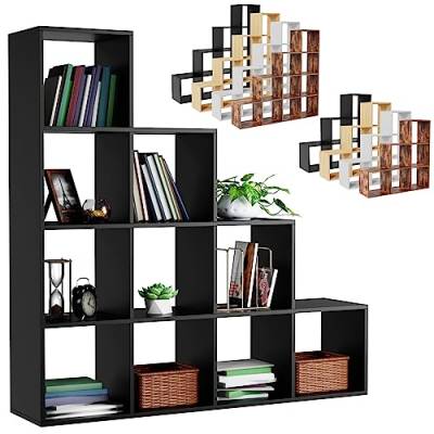 MIADOMODO® Treppenregal - Schwarz, 10 Fächer, 129,5x29x129,5 cm, für Wohnzimmer, Stabil, Offen, Freistehend, Indoor, aus MDF-Platte - Stufenregal, Raumteiler Regal, Bücherregal, Standregal von MIADOMODO