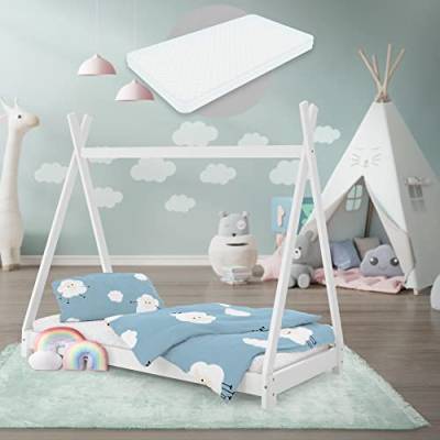 ML-Design Kinderbett Tipi 70x140 cm Weiß mit Matratze & Lattenrost, Indianer Bett aus Massivholz, Kiefernholz, Hausbett für Mädchen & Jungen, Kinderhaus Jugendbett Holzbett Bettenhaus Spielbett Zelt von ML DESIGN modern living