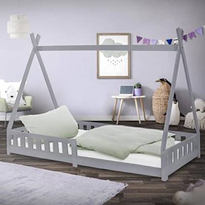 ML-Design Kinderbett Tipi 90x200 cm Hellgrau mit Rausfallschutz und Lattenrost, Kiefernholz, Indianer Bett aus Massivholz für Mädchen & Jungen, Hausbett mit Zaun Kinderhaus Jugendbett Spielbett Zelt von ML DESIGN modern living