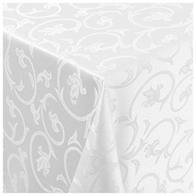 Tischdecke Stoff Damast Barock Jacquard Ranken Design mit Saum eckig 130x280 cm Weiss von MODERNO